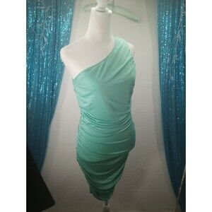 NWT Pretty Garden Dress Size M One Shoulder Ruched Mini Lined Seafoam Green